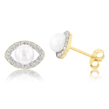 Load image into Gallery viewer, 9ct Yellow Gold Fresh Water Pearl And Crystal Elliptical Stud Earrings
