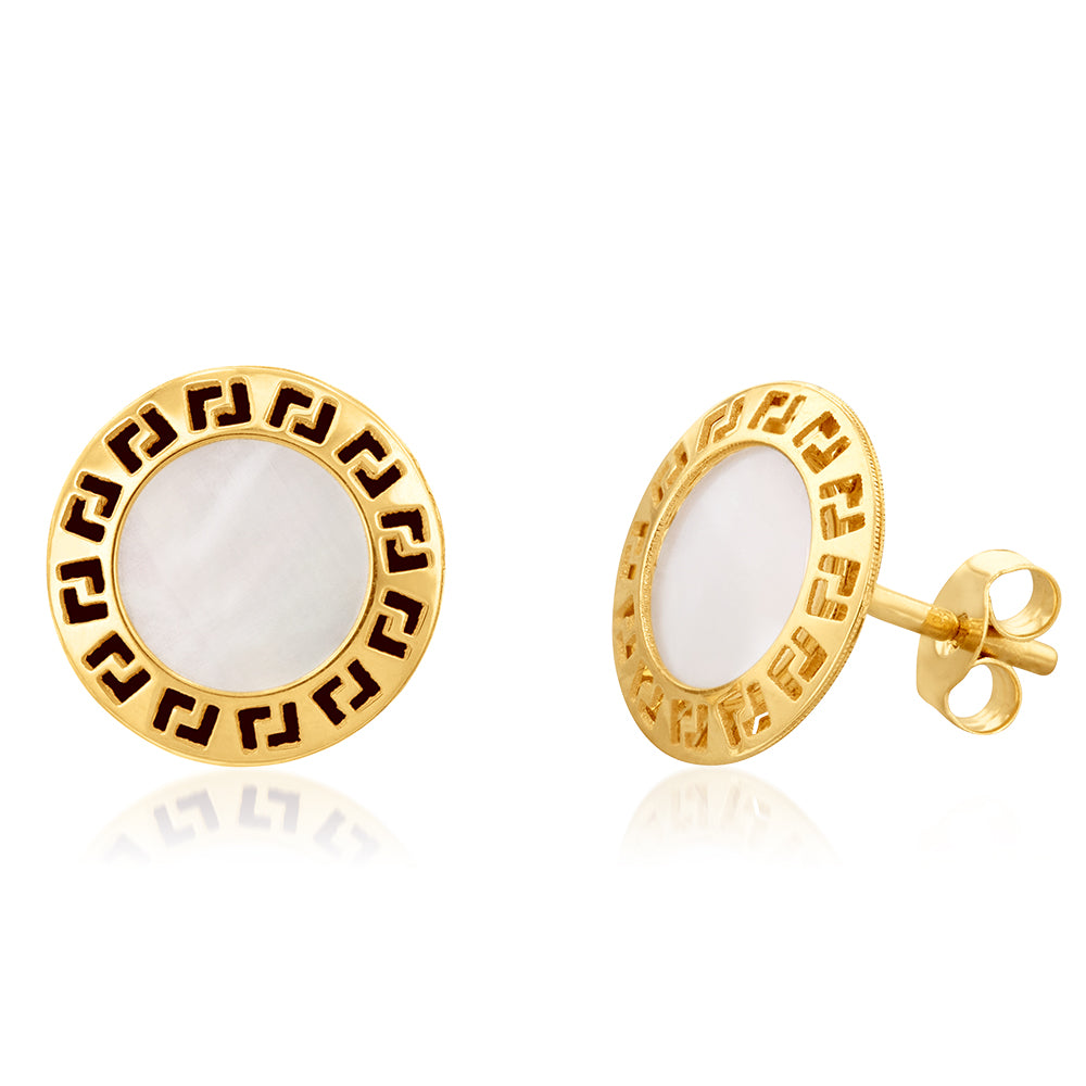 9ct Yellow Gold Mother Of Pearl Greek Key Disc Stud Earrings