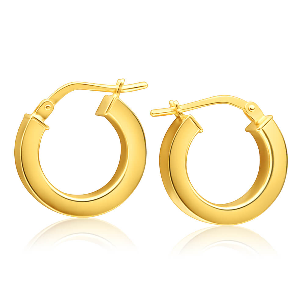 9ct Yellow Gold Silver Filled 15mm Diamond Cut Concave Plain Hoop Earrings