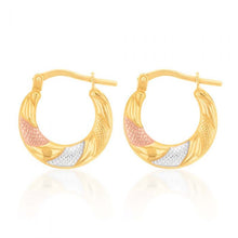 Load image into Gallery viewer, 9ct Yellow Gold Silver Filled Three Tone Patterned Hoop Earrings