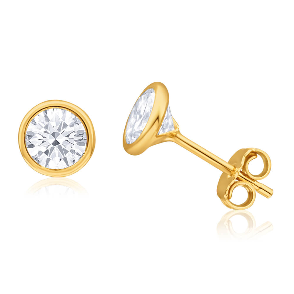 9ct Yellow Gold Silver Filled Cubic Zirconia 6mm Round Stud Earrings