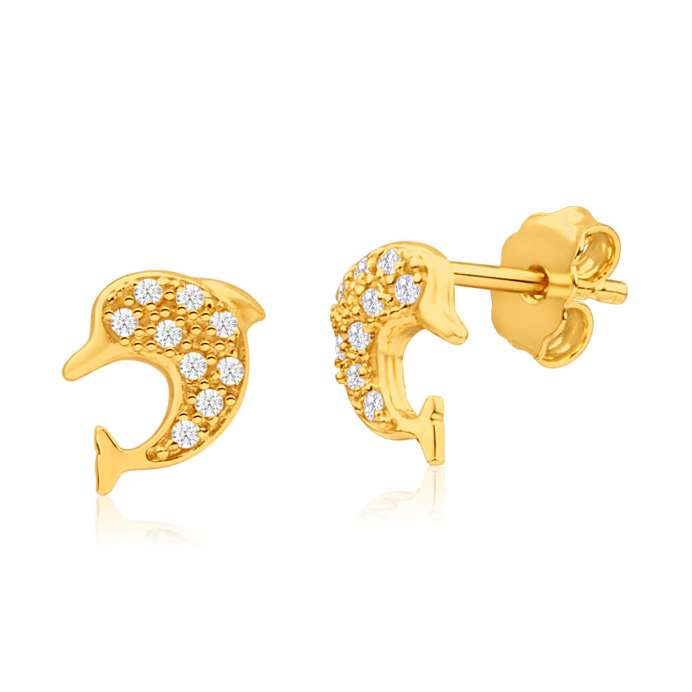 9ct Yellow Gold Silver Filled Cubic Zirconia Dolphin Stud Earrings