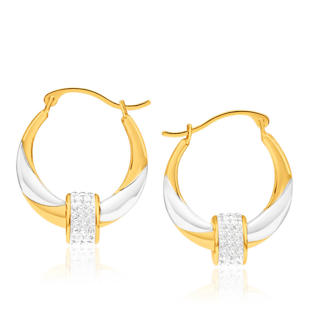 9ct Yellow Gold Silver Filled Crystal Spinner 2 Tone Hoop Earrings