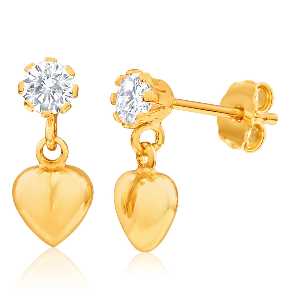 9ct Yellow Gold Silver Filled Cubic Zirconia Heart Drop Earrings