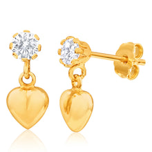 Load image into Gallery viewer, 9ct Yellow Gold Silver Filled Cubic Zirconia Heart Drop Earrings