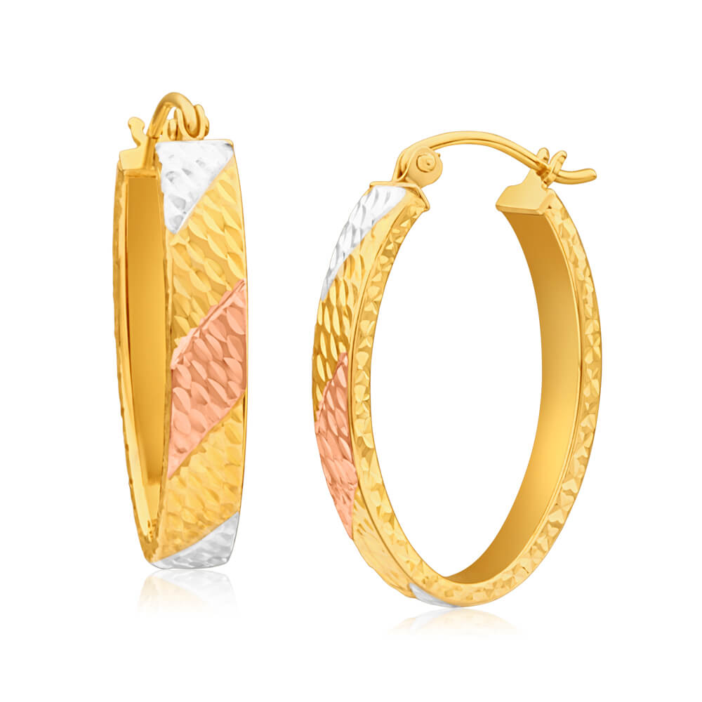 9ct Yellow Gold Silver Filled Three Tone Oval Hoop Earrings