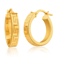 Load image into Gallery viewer, 9ct Yellow Gold Silver Filled Greek Key 15mm Hoop Earrings