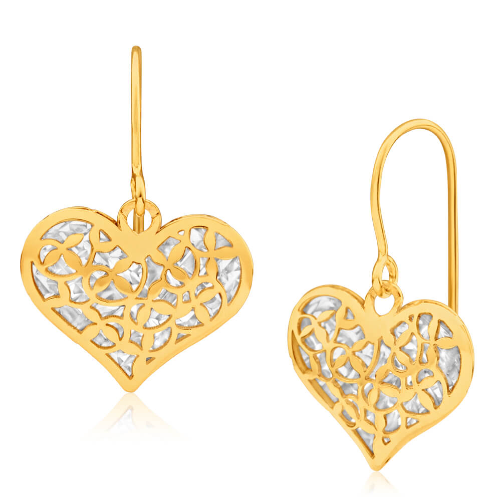 9ct Yellow Gold Silver Filled Heart Drop Earrings