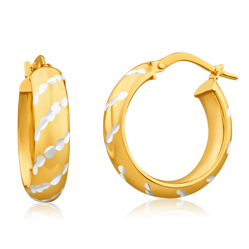9ct Yellow Gold Silver Filled Pattern 15mm Hoop Earrings