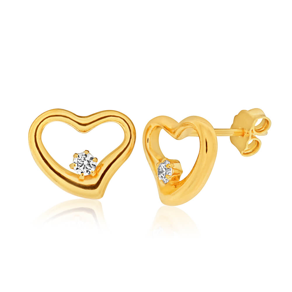 9ct Yellow Gold Silver Filled Cubic Zirconia Pretty Heart Stud Earrings