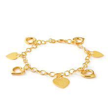 Load image into Gallery viewer, 9ct Yellow Gold Silver Filled Plain and Heart Shape Charms on 19cm Belcher Bracelet