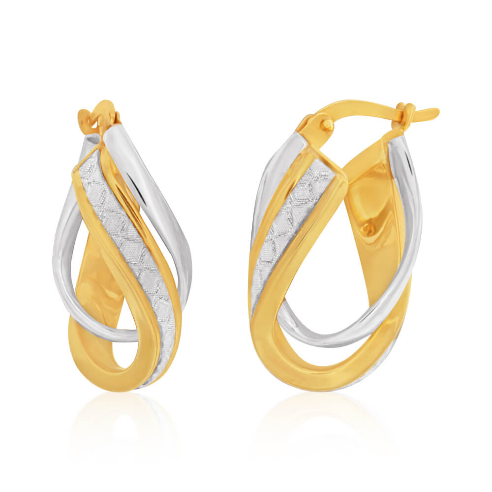 9ct Yellow Gold Silver Filled Stardust Double Twist Hoop Earrings