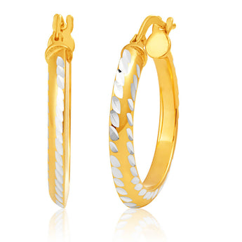 9ct Yellow Gold Silver Filled with Side Diamond Cutting 15mm Hoop Earrings