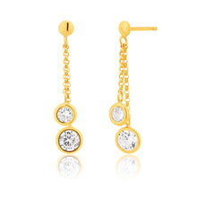 Load image into Gallery viewer, 9ct Yellow Gold Silver Filled Double Cubic Zirconia Drop Earrings