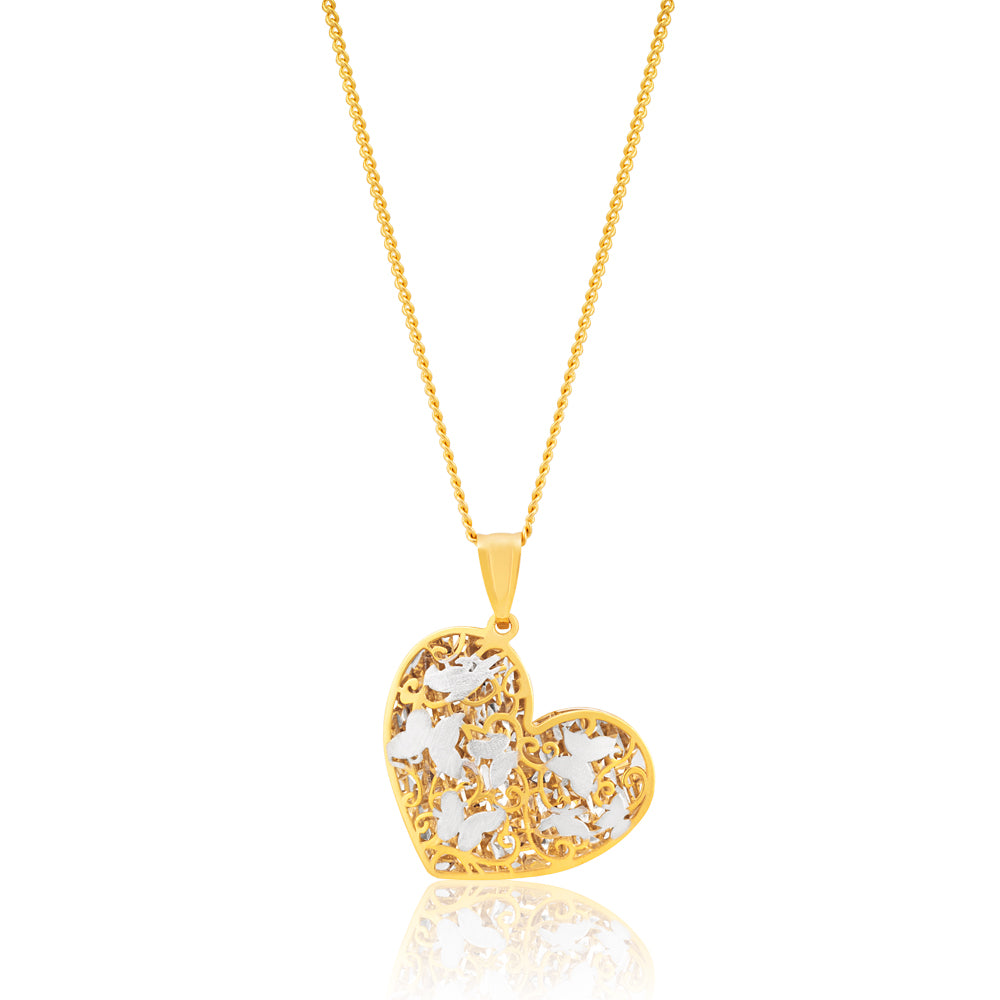 9ct Yellow Gold Silver Filled Butterfly Design in Heart Pendant