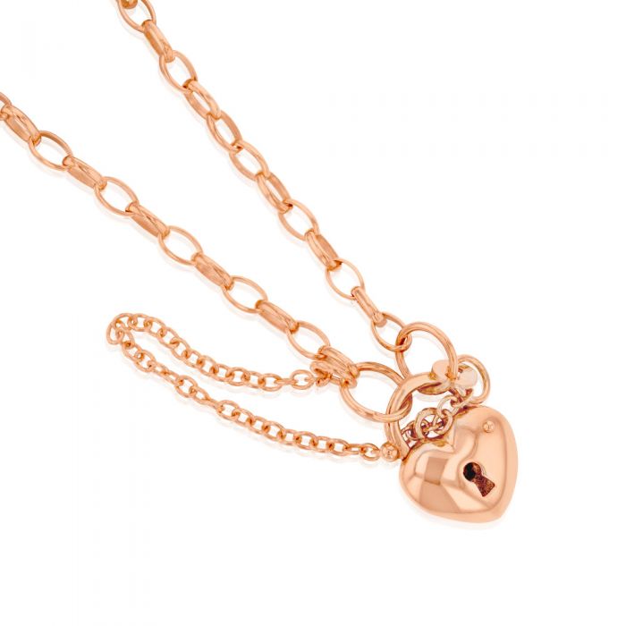 Silverfilled 9ct Rose Gold Heart Padlock 19cm Bracelet