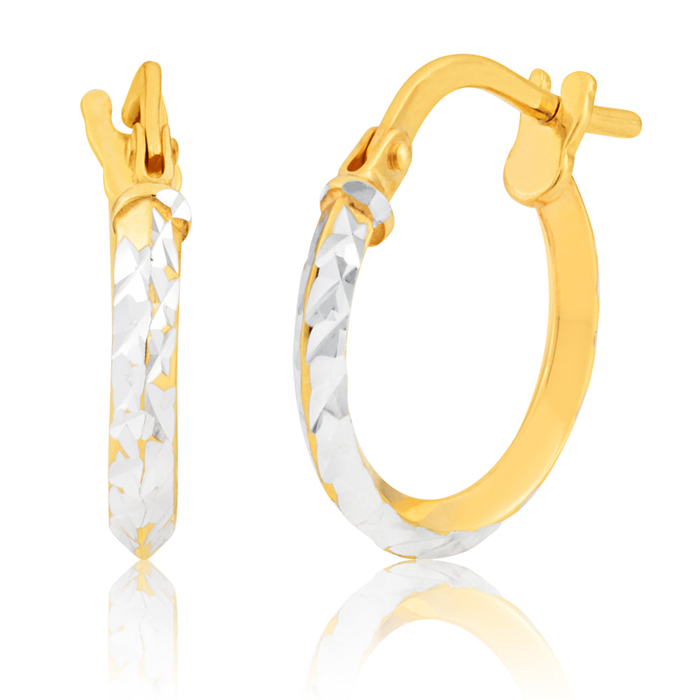 9ct Yellow Gold Silver Filled 10mm Hoop Earrings With Diamond Cut Surface