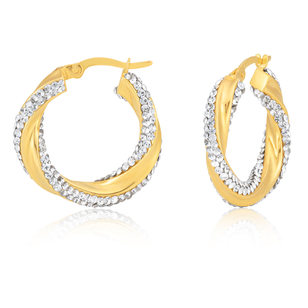 9ct Yellow Gold Filled Twisted Crytal Hoop Earrings
