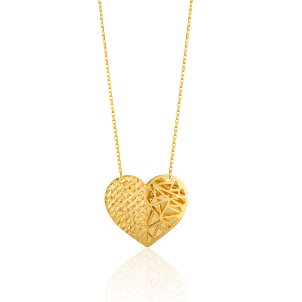 9ct Yellow Gold Filled Diamond Cut and Filligree Heart Pendant on 45cm Trace Chain