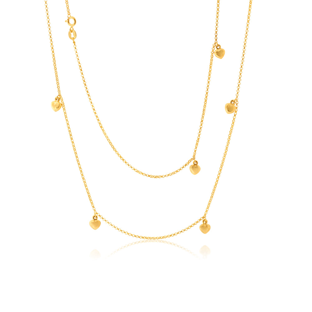 9ct Yellow Gold Silverfilled Belcher Heart Charms 70cm Chain