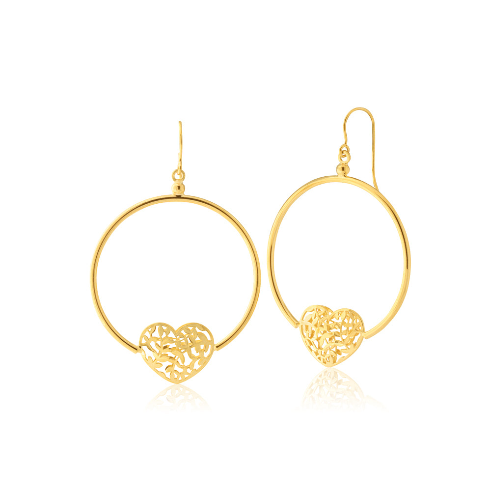 9ct Yellow Gold-Filled Heart Circle Drop Earrings