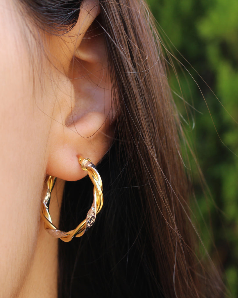 9ct Two-Tone Gold-Filled Diamond Cut Twist Hoop Earrings
