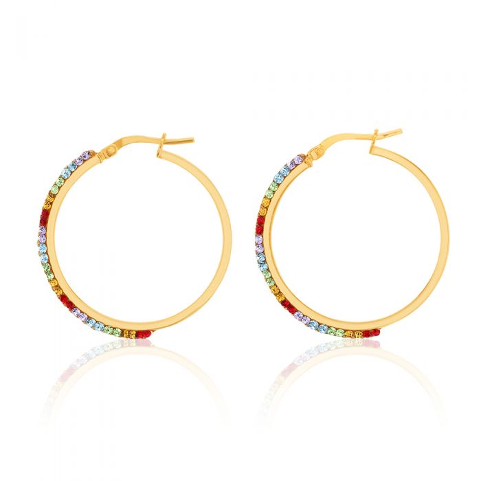9ct Silverfilled Yellow Gold Rainbow Multi-Colour Crystals 25mm Hoop Earrings