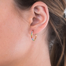 Load image into Gallery viewer, 9ct Silverfilled Yellow Gold Rainbow Multi Colour Crystal 15mm Hoop Earrings