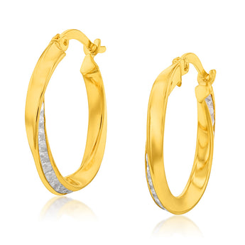 9ct Yellow Gold Silver Filled Cubic Zirconia On Twisted 15mm Hoop Earrings