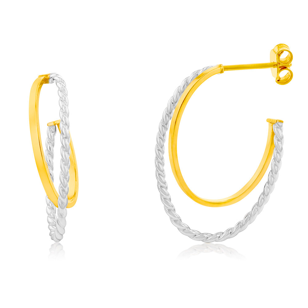 9ct Yellow Gold Silverfilled Two Tones Double Layer Hoop Earrings
