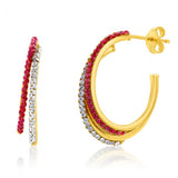 9ct Yellow Gold Silver Filled Crystal And Red Double Half Hoop Earrings