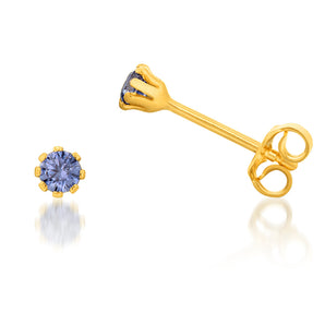 9ct Yellow Gold Silver Filled Tanzenite 3.2mm Cubic Zirconia Stud Earrings