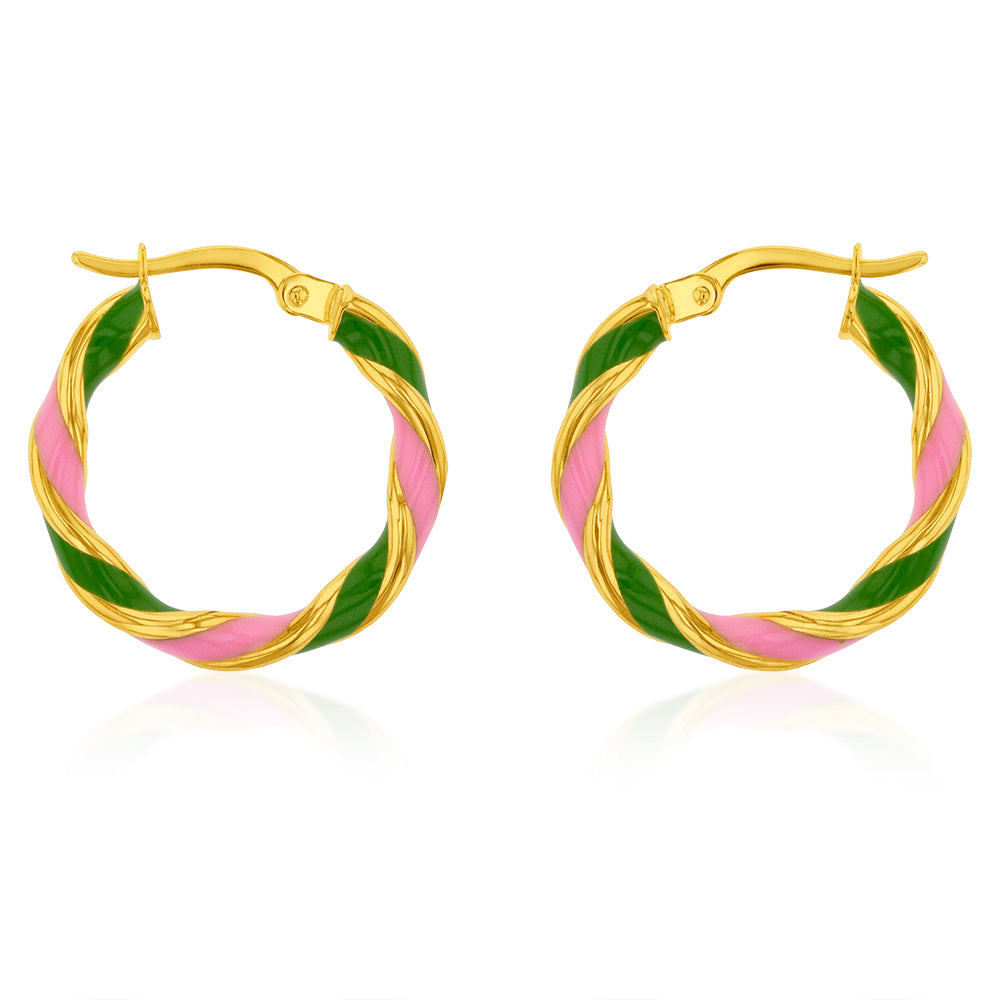 9ct Yellow Gold Silverfilled 15mm Pink And Green Enamel On Twisted Hoop Earrings