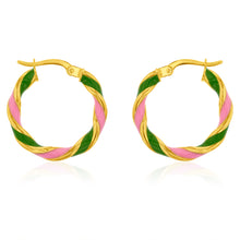 Load image into Gallery viewer, 9ct Yellow Gold Silverfilled 15mm Pink And Green Enamel On Twisted Hoop Earrings