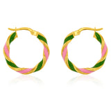 9ct Yellow Gold Silver Filled 15mm Pink And Green Enamel On Twisted Hoop Earrings