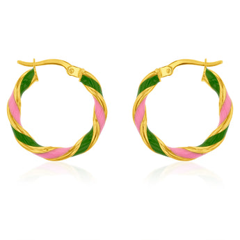 9ct Yellow Gold Silver Filled 15mm Pink And Green Enamel On Twisted Hoop Earrings
