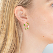 Load image into Gallery viewer, 9ct Yellow Gold Silverfilled 15mm Pink And Green Enamel On Twisted Hoop Earrings