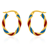 9ct Yellow Gold Silver Filled 15mm Red And Blue Enamel On Twisted Hoop Earrings