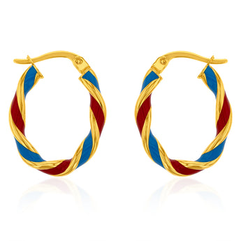 9ct Yellow Gold Silver Filled 15mm Red And Blue Enamel On Twisted Hoop Earrings