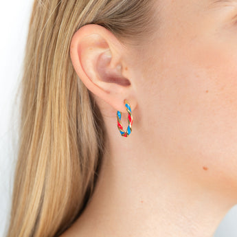 9ct Yellow Gold Silver Filled 15mm Red And Blue Enamel On Twisted Hoop Earrings