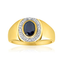 Load image into Gallery viewer, 9ct Yellow Gold Natural Black Sapphire + Diamond Gents Ring