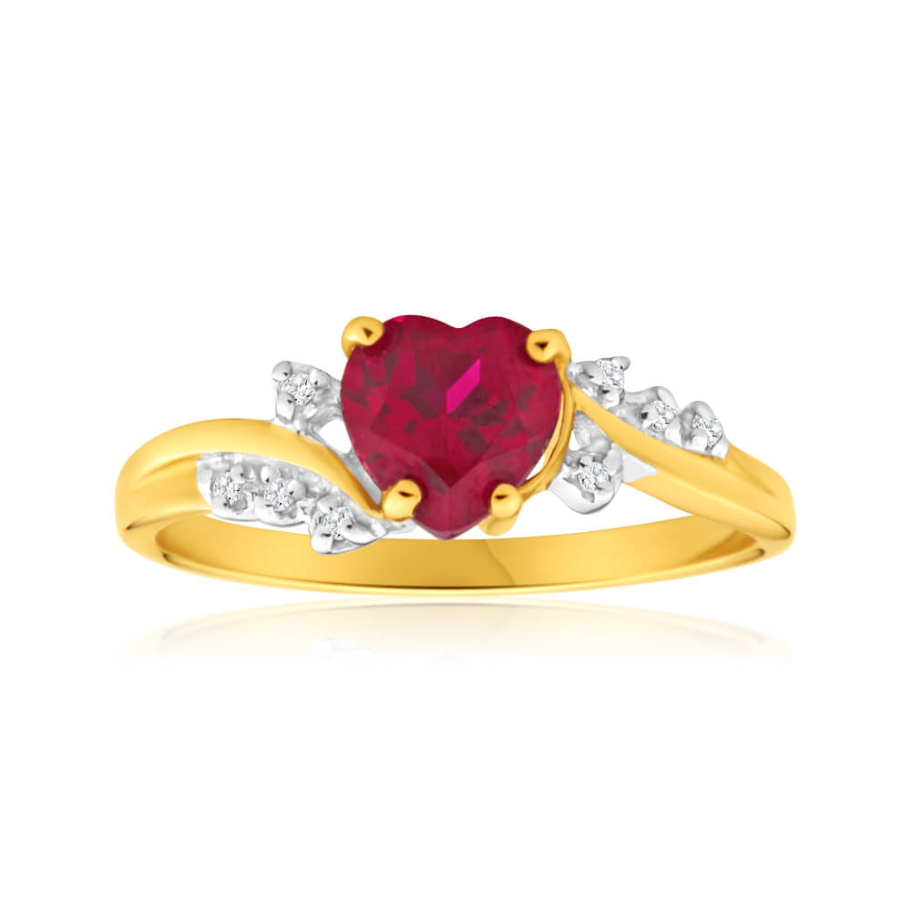 9ct Yellow Gold Heart Created Ruby + Diamond Ring