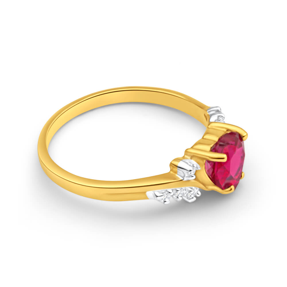9ct Yellow Gold Heart Created Ruby + Diamond Ring