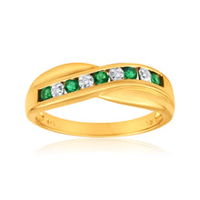 Load image into Gallery viewer, 9ct Yellow Gold Created Emerald + Diamond Cross Over Ring