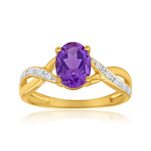 Load image into Gallery viewer, 9ct Yellow Gold Amethyst + Diamond Cross Over Ring