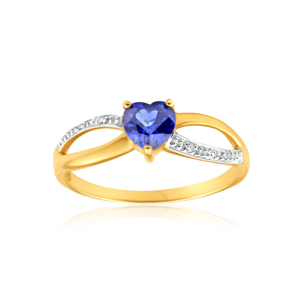 9ct Charming Yellow Gold Created Sapphire + Diamond Ring