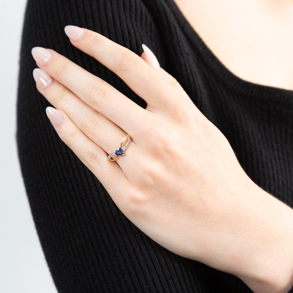 9ct Charming Yellow Gold Created Sapphire + Diamond Ring