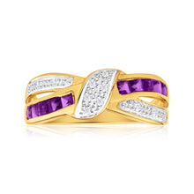 Load image into Gallery viewer, 9ct Yellow Gold Amethyst and 10 Diamond Cross Over Ring