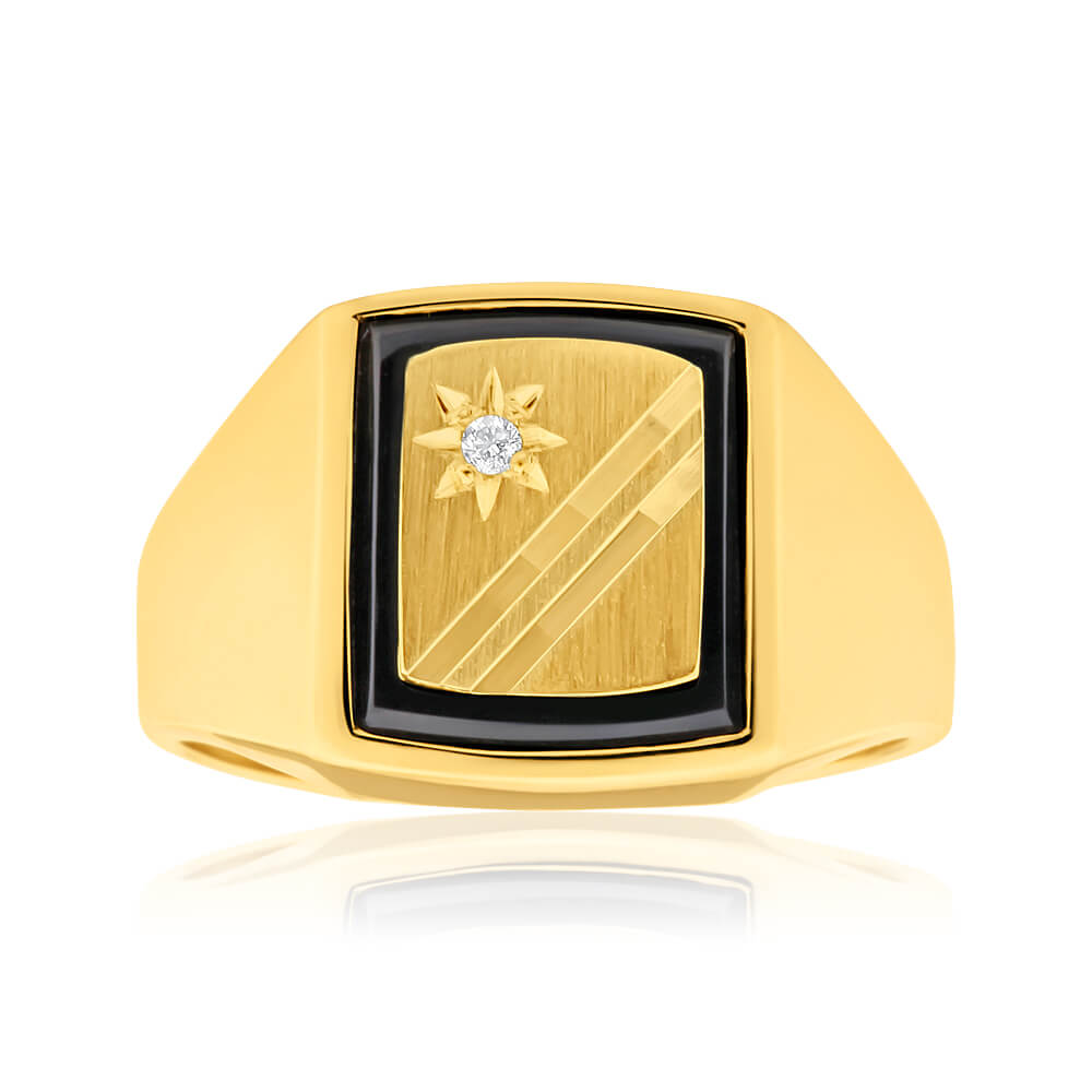 9ct Radiant Yellow Gold Diamond + Onyx Ring