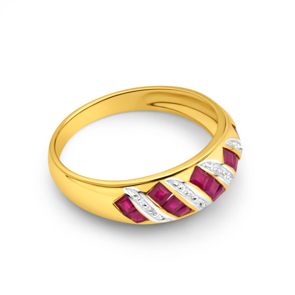 9ct Charming Yellow Gold Diamond + Natural Ruby Ring